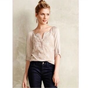 Tiny by Anthropologie Embroidered Silk Blend Roll Sleeve Tunic Blouse Small